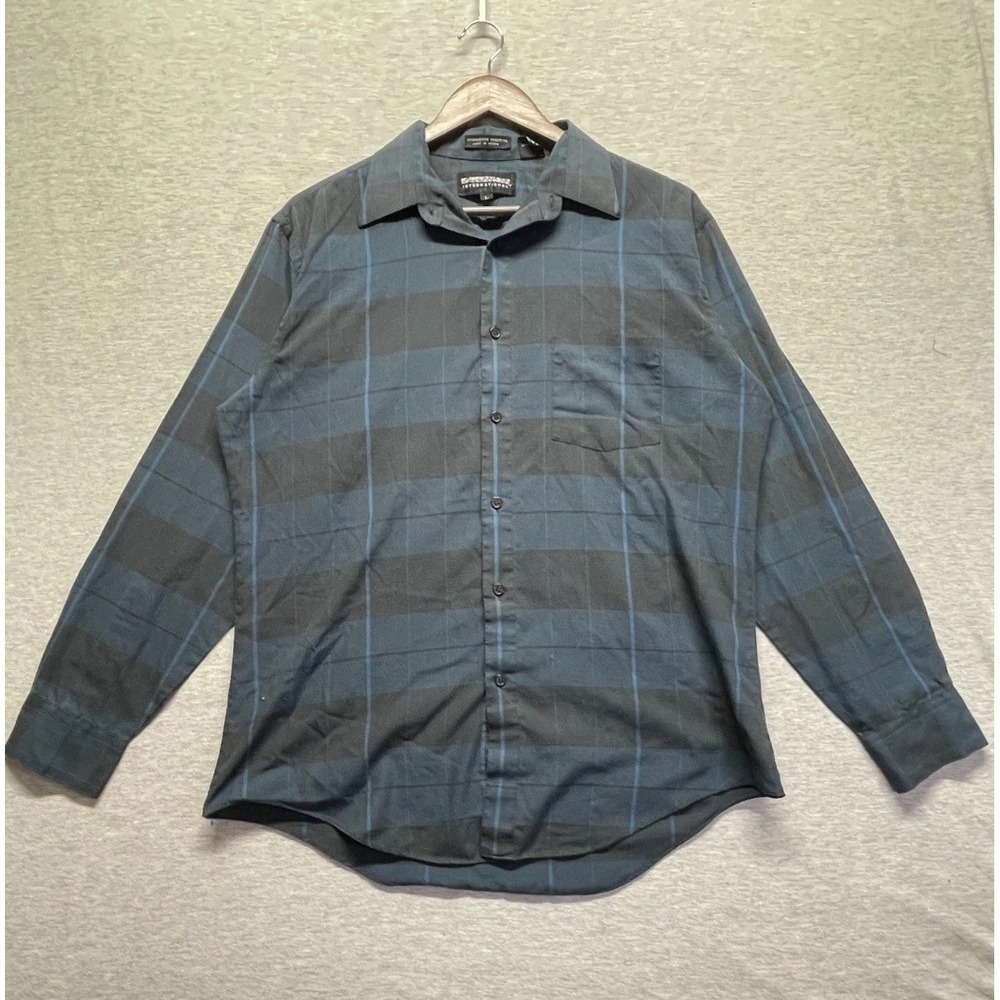 Expressions International Shirt Mens Large Navy Black Plaid Collared Button Up